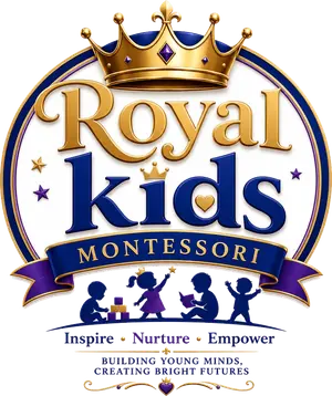 The Royal Kids Montessori crest: a gold crown over the school name, with the motto Inspire, Nurture, Empower