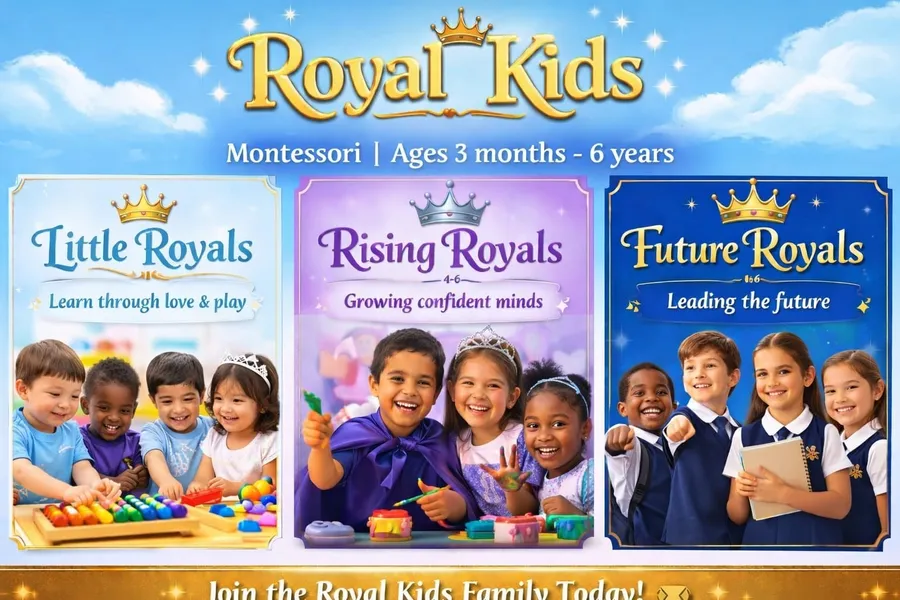 Royal Kids classes banner: Little Royals, learn through love and play; Rising Royals, growing confident minds; Future Royals, leading the future. Montessori, ages 3 months to 6 years.